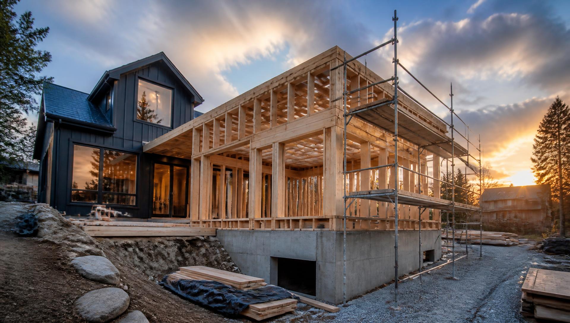 Framed residential home addition on a construction site at sunset